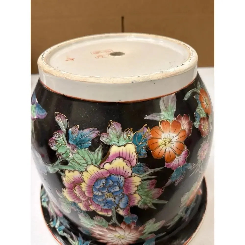 Vintage Chinese Enamel Famille Rose Koi Planter Cachepot Flowers Black Flowers
